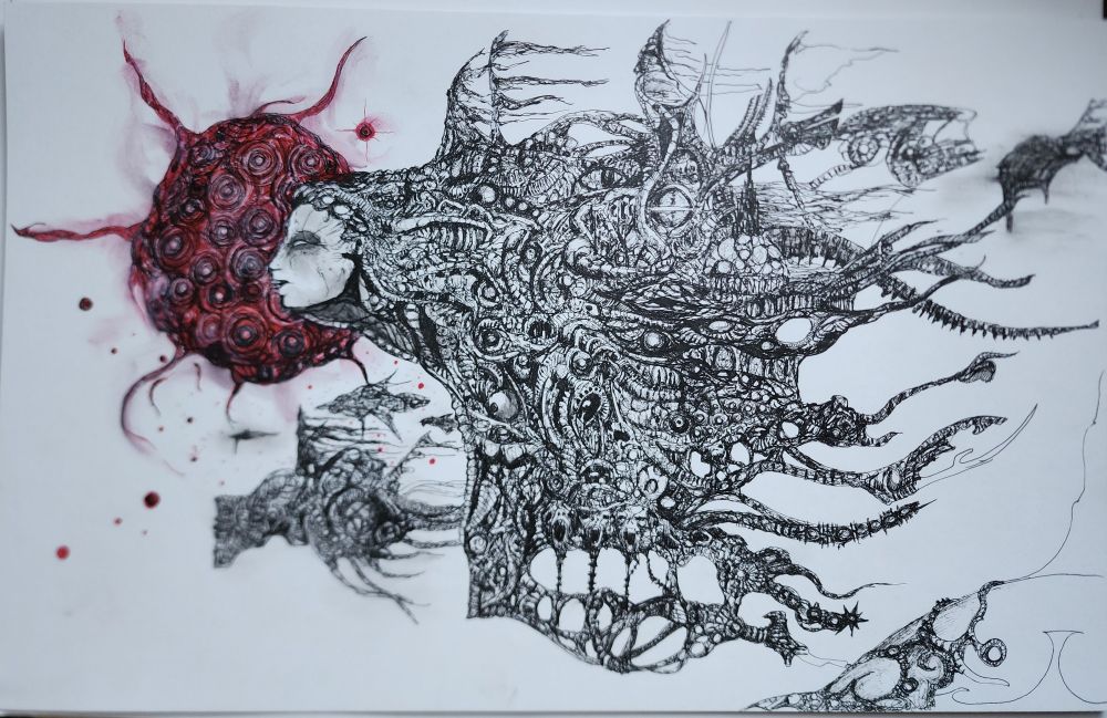 A work in progress pen drawing of a face silhouette against a red star and flowing into a twisted and surreal set of shapes
