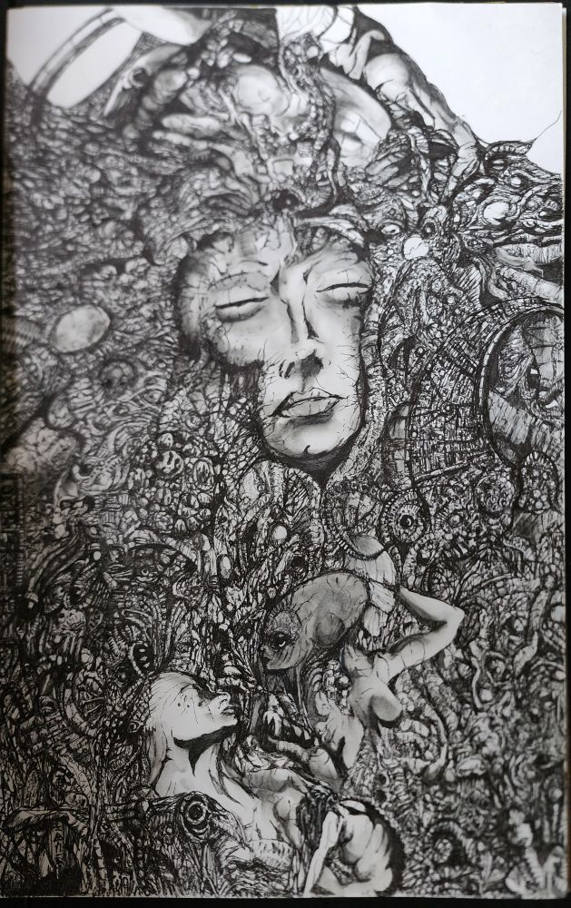 A work in progress pen drawing of a partial human face that flows organically into smaller figures amd faces