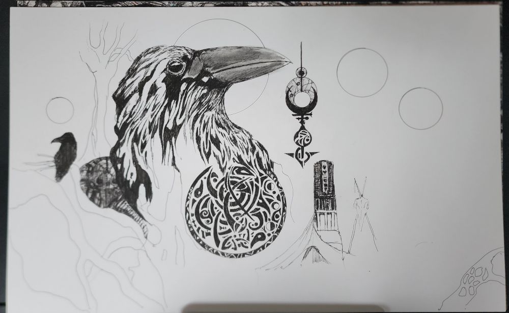 A work in progress pen drawing of a stylized raven that flows into a set of symbols and root structures