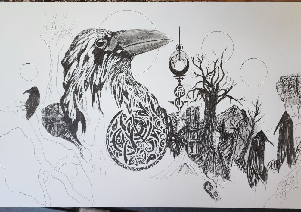 A work in progress pen drawing of a stylized raven that flows into a set of symbols and root structures