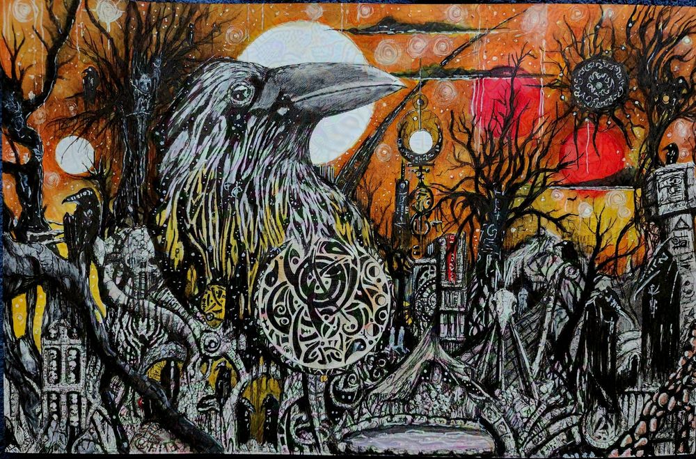 Pen drawing of the head and upper body of a stylized raven that flows into an abstract symbol with celtic and nordic style elements and into a larger background of ruins, dead trees and humanoid figures in large abstracted corvid headgear with symbols on them. The sky is painted in shades of yellowish-orange sky with a black sun covered in symbols and large red suns against a number of stars shining through.
