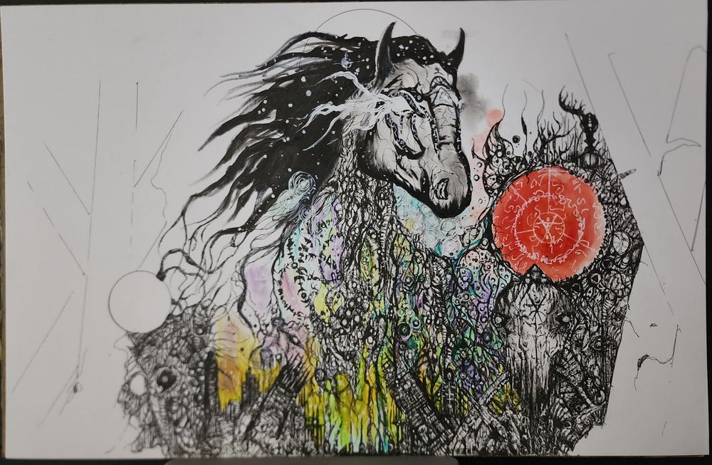 A work in progress of a large abstracted horse's head with a cosmic styling hovering over ruins 