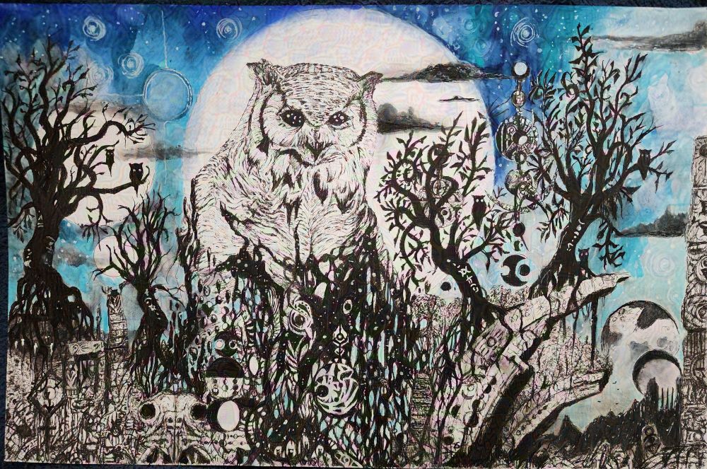 Pen drawing centered on a large, stylized owl set against a large white circle of negative space in a sky of dark blue that fades out with star like structures before flowing into a jumbled terrain of stylized silhouetted trees with shadowy owl shapes in their branches that are growing out of a number of stone ruins with arcane markings that are made up of moon phases with some of the symbols. The body of the owl fades into tendrils of starry sky and flows into additional owl themed shapes.
