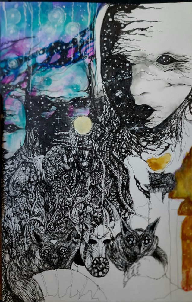 Work in progress pen drawing of a large face with stars in the deep shadows on the left side of its face while flowing into other organs shapes under an aurora coloured sky. Different creatures filling the lower part of the page
