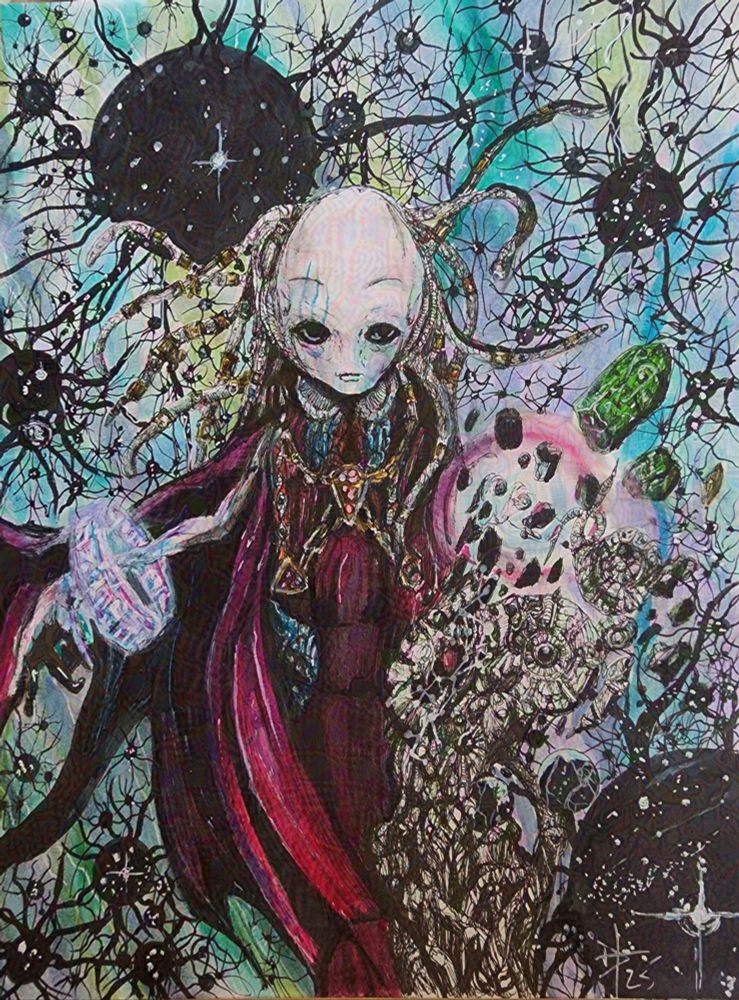 Pen drawing of a large, black eyed, smooth skinned alien in robes manipulating matter and energy against a backdrop of portals showing stars that look like they are breaking the aurora like sky behind it.
