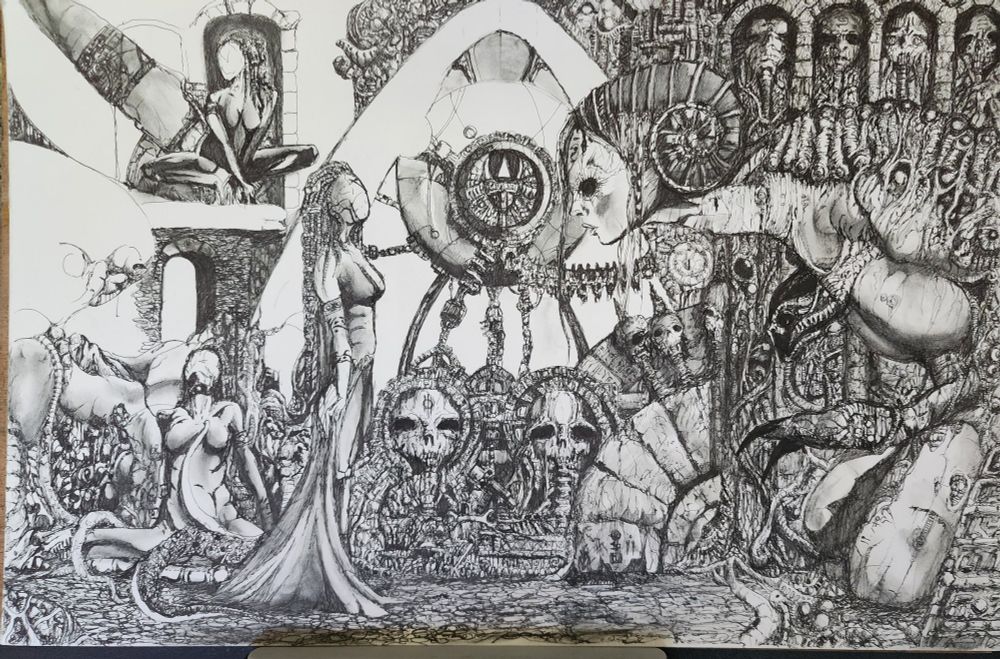 Work in progress pen drawing of a hunched over vaguely feminine figure covered in strange bone like growths in front of stone structures that are vaguely temple like.  A faceless feminine figure stands several faces away while other faceless ones lounge in the background amoung the structures 