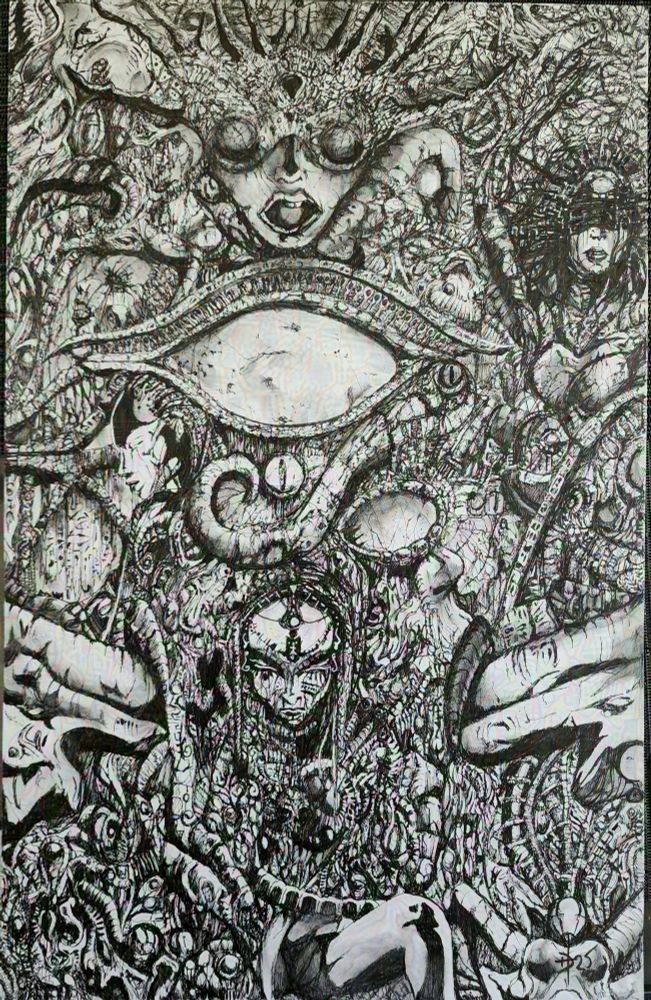 Pen drawing with a number of organic shapes and elements of body parts radiating out from a stylized stone or bone looking eye of Ra. The overall effect is like a carved relief in black and white ink with faces peering out above and below the eye while there are branches, stone and vine like structures flowing around the eye.
