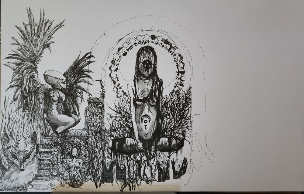 Work in progress pen drawing of a stylized, thin l, feminine figure with a face that has a black void with three whote orbs sitting cross-legged in tattered black gown floating amoung runes and ruins flanked by a winged figure