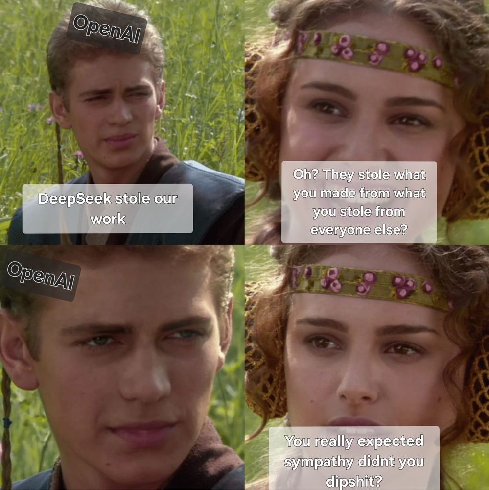 Anakin/Amidala meme template of OpenAI complaining about DeepSeek allegedly stealing their work with the response being sarcastically responding about their work built on stolen work being stolen. Ending with them being called out for expecting sympathy 