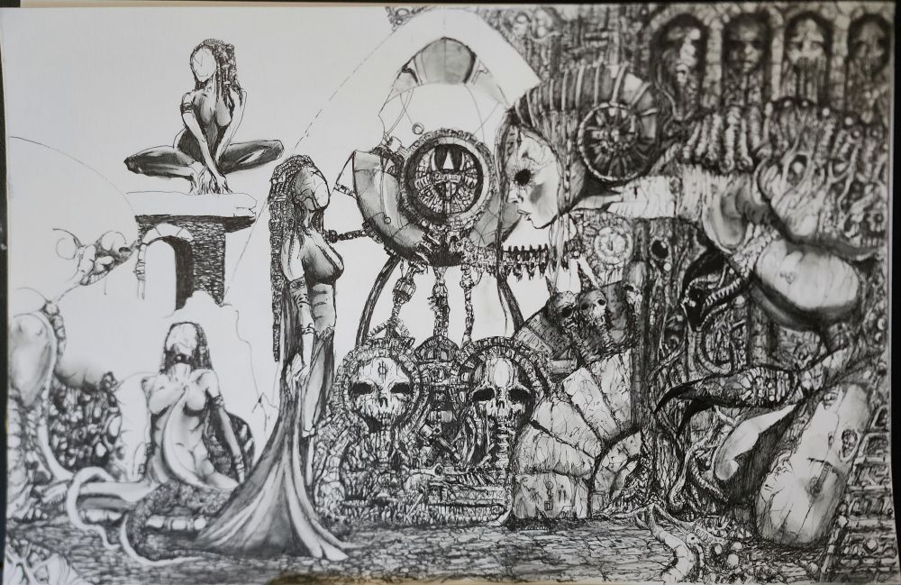 Work in progress pen drawing of a hunched over vaguely feminine figure covered in strange bone like growths in front of stone structures that are vaguely temple like.  A faceless feminine figure stands several faces away while other faceless ones lounge in the background amoung the structures 