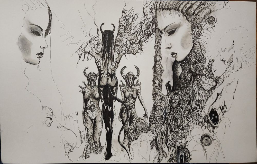Work in progress pen drawing with a tall demon facing away flanked by large statues with feminine faces