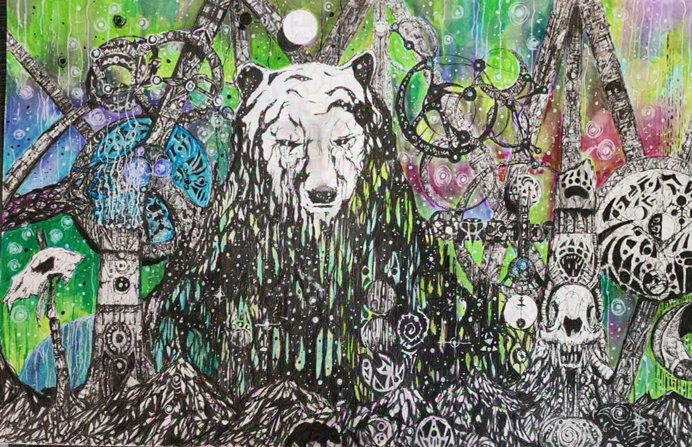 Pen drawing of a stylized brown bear facing front made up of tendrils of space filled with stars rising out of an abstracted landscape with large columns marked with arcane symbols with the right hand side one showing a front facing bear skull. Past the left column is a bear skull on a large stake with all of this set under a sky in aurora borealis colours and white stars shining out from behind the structures that rise up around and behind the bear-form.
