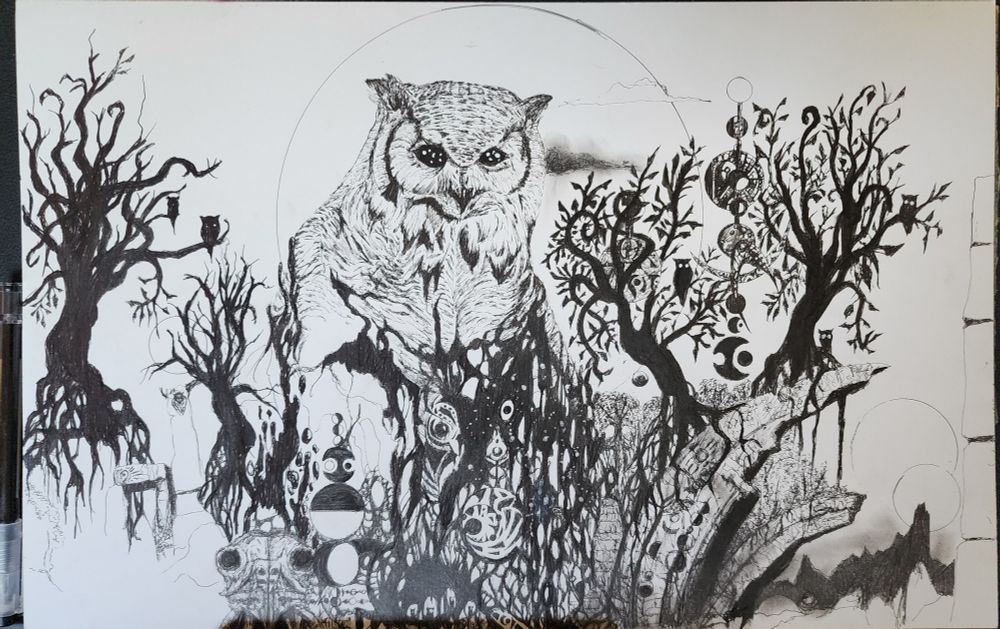 Work in progres pen drawing of a stylized owl surrounded by symbols and stylized silhouette tree like structures