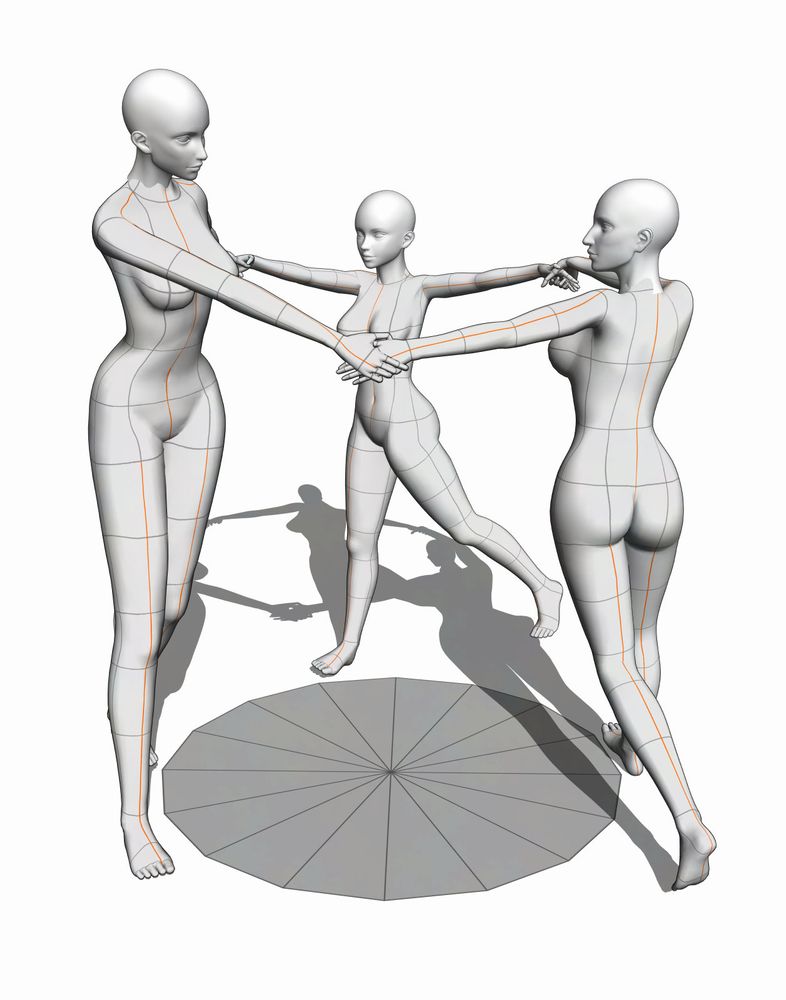 In progress piece with 3D models of 3 women holding hands together dancing around a circle