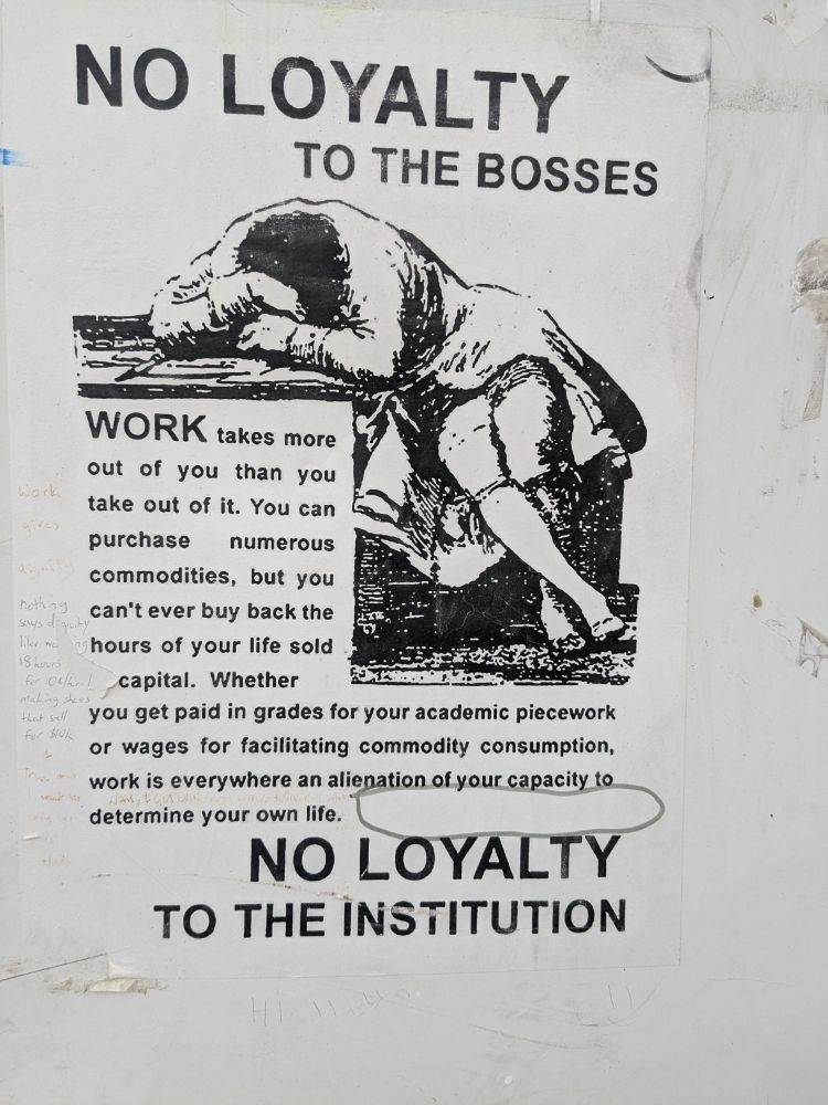 A poster with socialist text about no loyalty to the institution. Photographed in Ballarat.