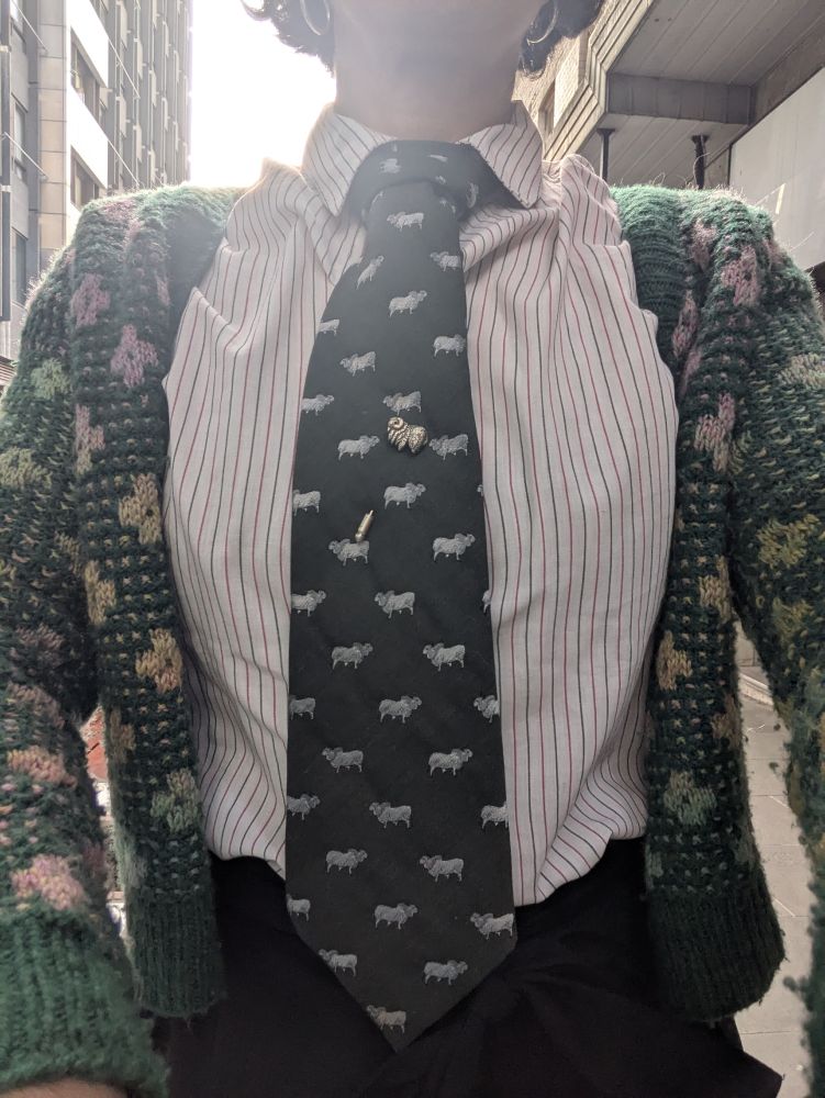 A woman wears a dark coloured tie with a small repeating pattern of sheep.