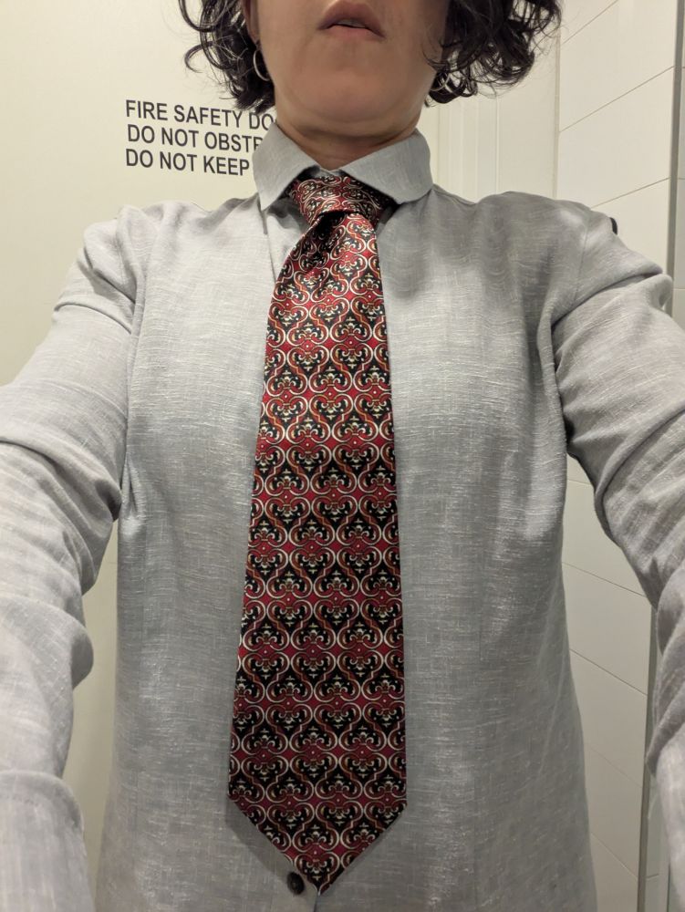 A woman in a polyester tie, printed with ugly print the sort of looks like fleur-de-lis 