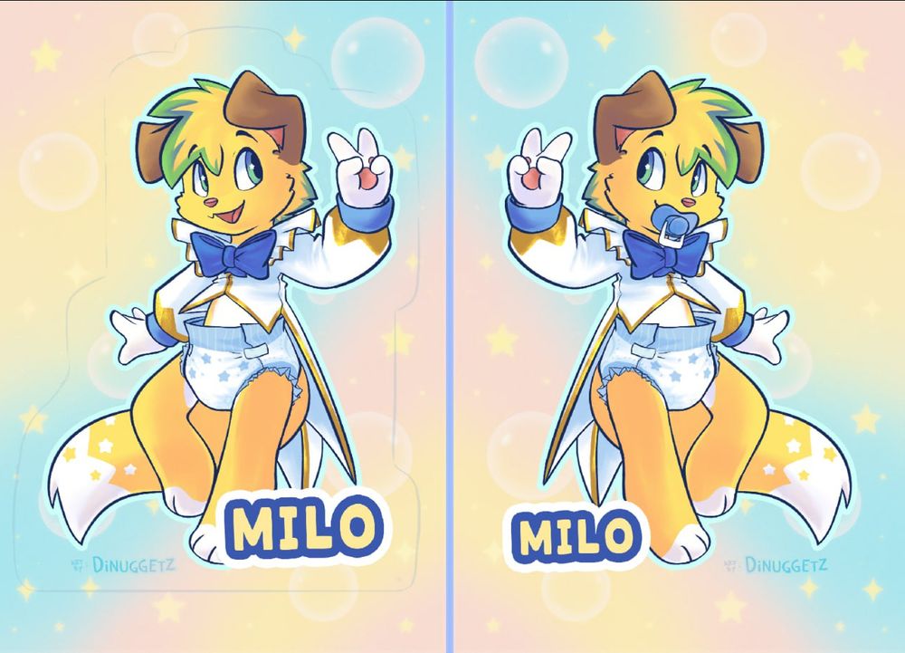 Cute yellow and white magical boy superhero puppy with pacifier and not, badge for con.