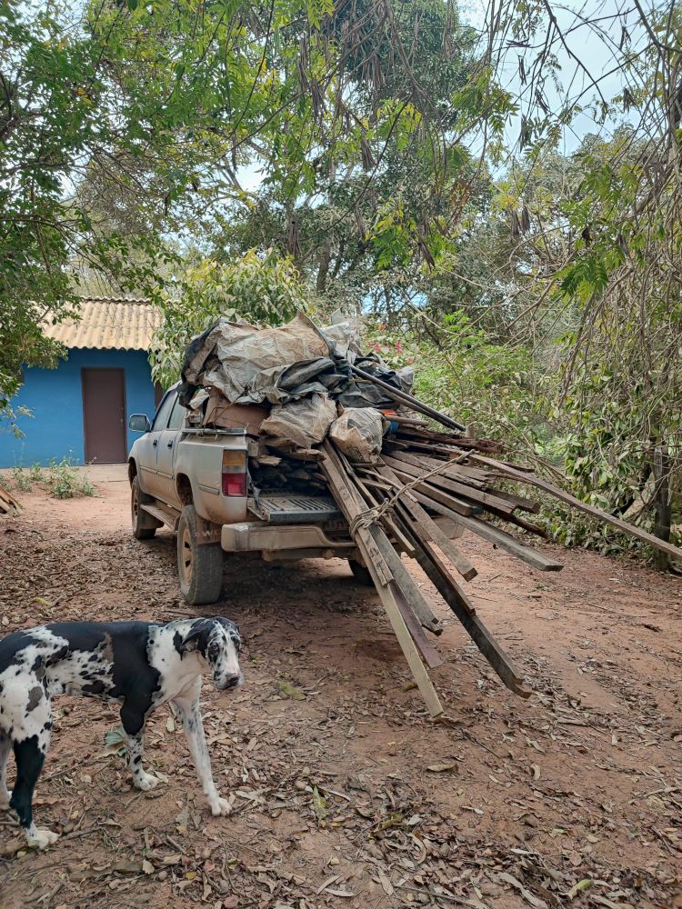 Uma antiga caminhonete Hilux modelo 1999/2000, bastante suja de poeira, com a caçamba atulhada até o teto de madeira de  demolição, ferro velho, lona rasgada e recicláveis. A caminhonete está estacionada em um terreiro cercado de árvores, de frente pra uma casinha de paredes azuis e porta de madeira vermelha, com muitas folhas secas caídas no chão e uma cadela com pintas pretas e brancas aguardando impaciente ao lado do carro.