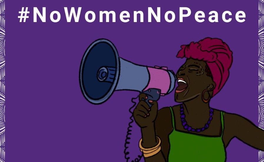 #NoWomenNoPeace, a black woman yells into a megaphone
