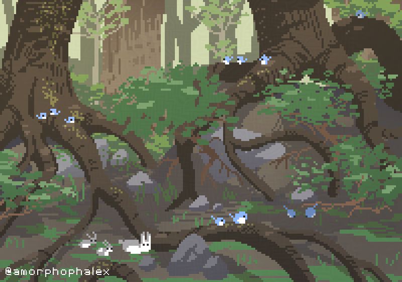 birdies and bunnies on the roots of big trees