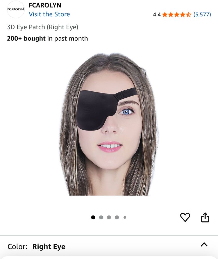 Screenshot of a product page for an eye patch called FCAROLYN. A white woman with long brown straight hair models it. 