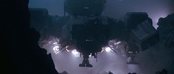 The spaceship USCSS Nostromo, from Alien movie, landing on the moon LV-426.