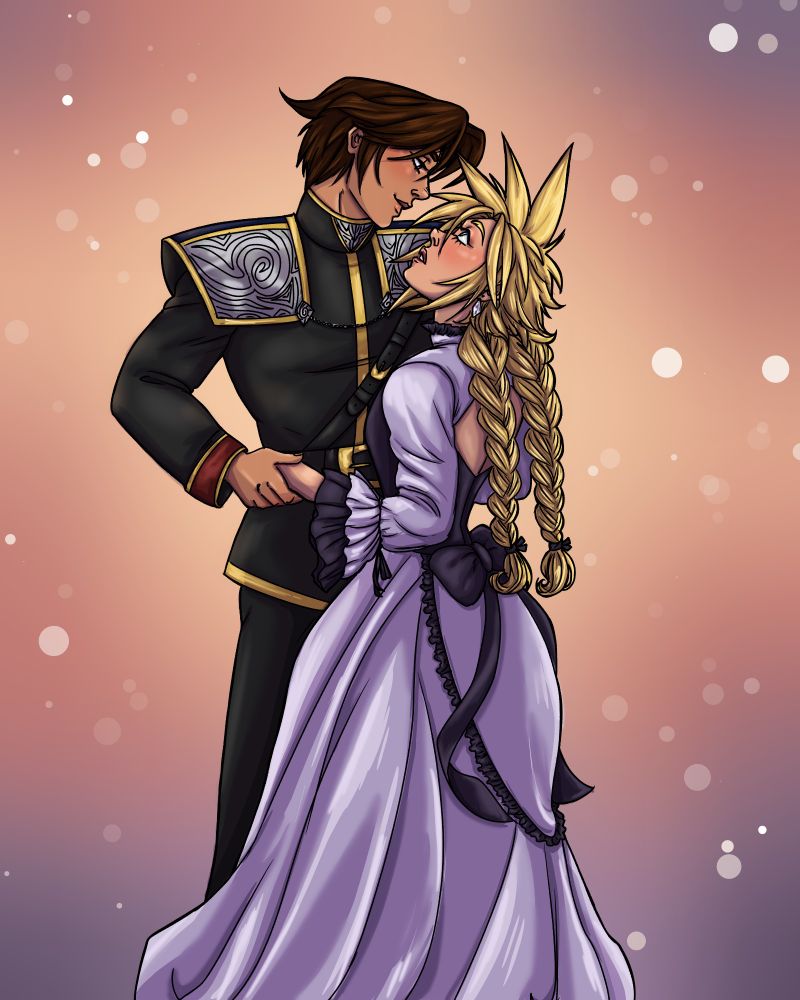 an image of Squall Leonhart in this SEED dress uniform dancing with Could strife in a purple dress that resembles a mixture of his wallmarket dresses.