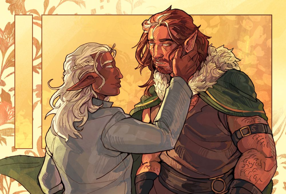 A digital illustration of two characters Frederick(left) and Salem(right). Frederick is a brown-skinned man with long pointed ears and silver hair, wearing a pale blue jacket. Salem is a taller, tan-skinned man with long red hair and a beard. He wears a brown tunic with belt, and a fur-trimmed green cape. Frederick is in profile, hand lifted in caress Salem’s cheek with a soft expression. Salem leans into the touch but averts his eyes, bashful. The overall piece is colored in warm tones, the background yellow with floral print. 