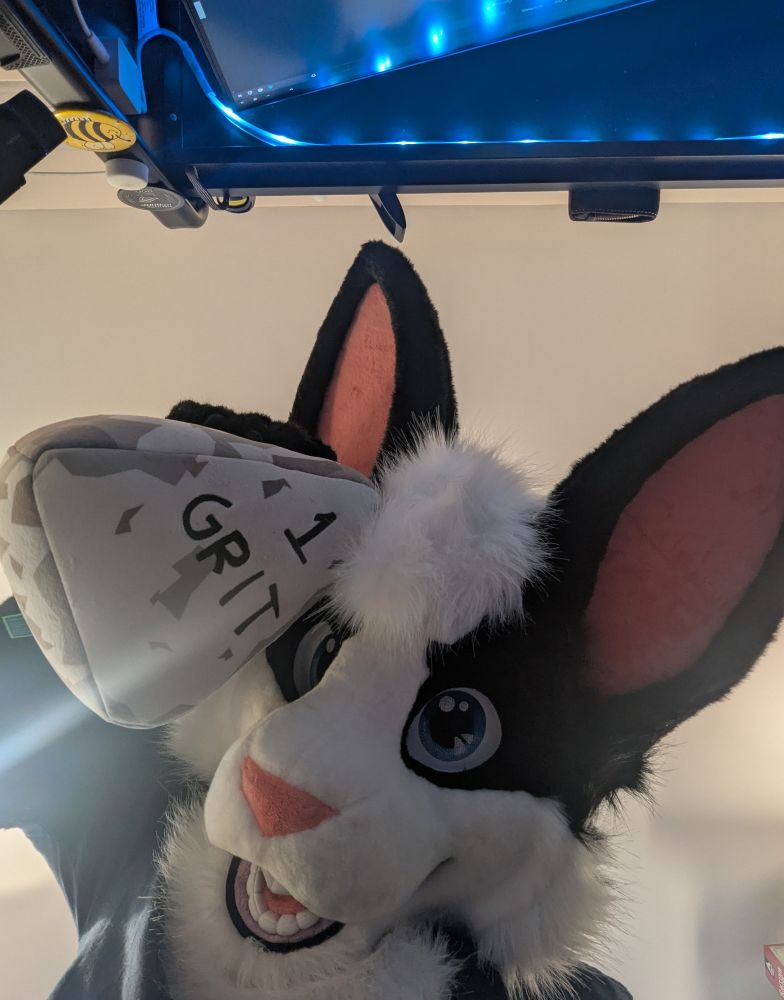 A skunk bunny prepares to smash you with a plush rock labelled "1 GRIT"