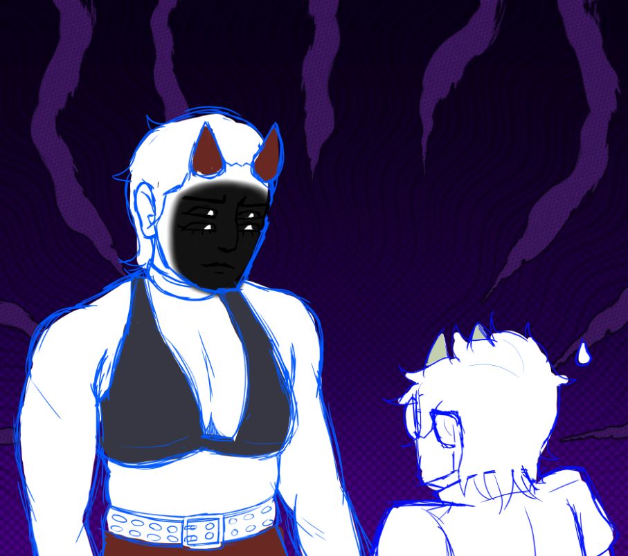 Heather standing in front of her nemesis, Pluto. 

Heather is taller than Pluto. She is staring down at him menacingly. Her face is dark and her pupils are white.