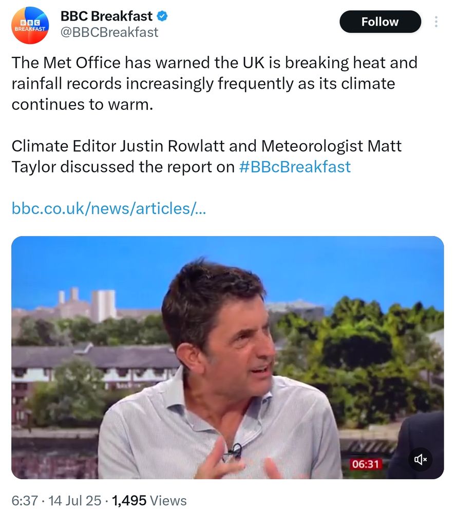 a tweet by BBC Breakfast reading: 
"The Met Office has warned the UK is breaking heat and rainfall records increasingly frequently as its climate continues to warm. Climate Editor Justin Rowlatt and Meteorologist Matt Taylor discussed the report on #BBcBreakfast"