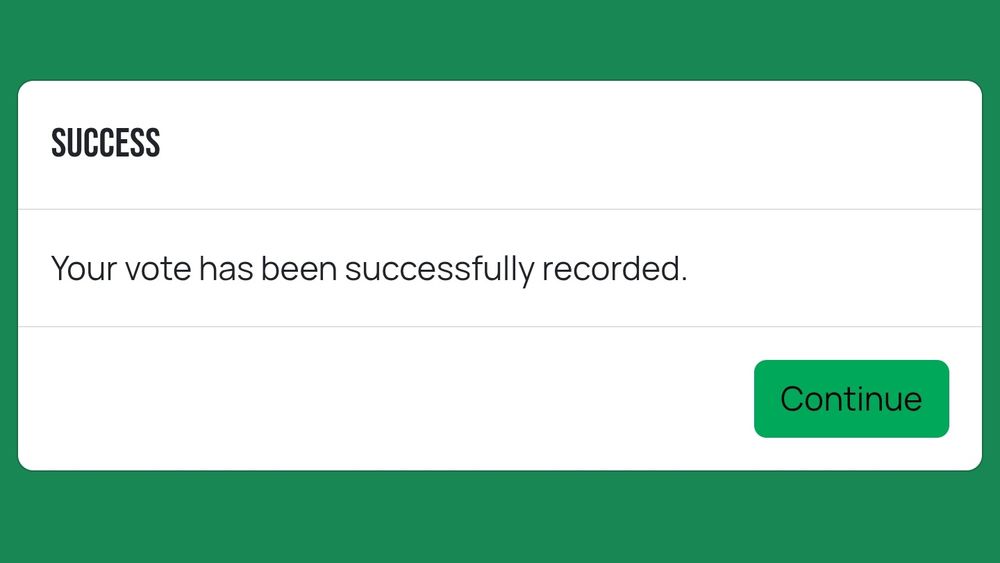 a webpage in green saying "your vote has been successfully recorded"