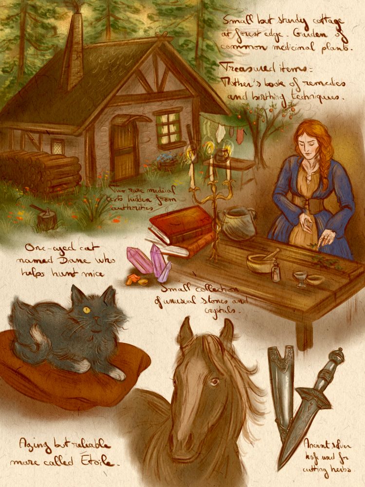 Small but sturdy cottage at forest edge. Garden of common medicinal plants.

Treasured items: mother’s book of remedies and birthing techniques 

Two rare medical texts hidden from authorities 

One-eyed cat named Diane who helps hunt mice 

Small collection of unusual stones and crystals

Aging but reliable mare called Étoile 

Ancient silver knife used for cutting herbs
