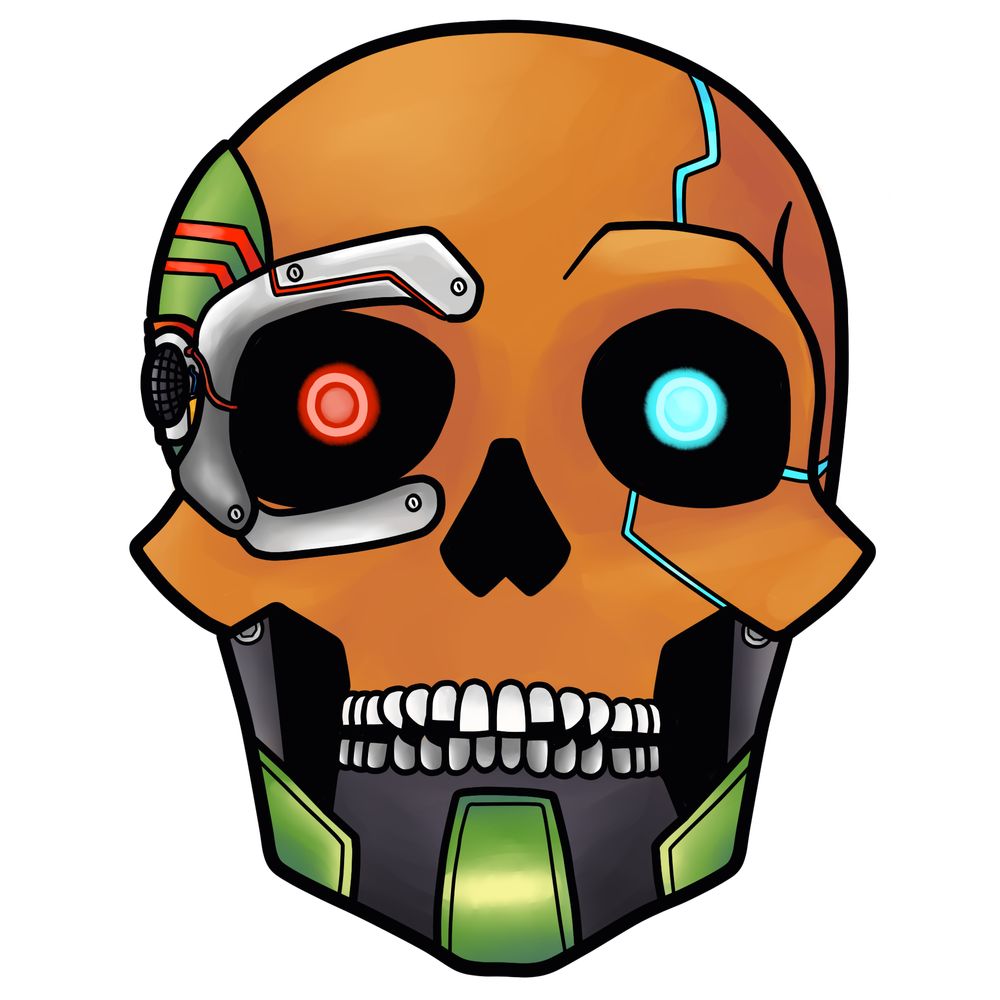 Two skulls, one covered in metal and electronic bits and the other wearing a gas mask