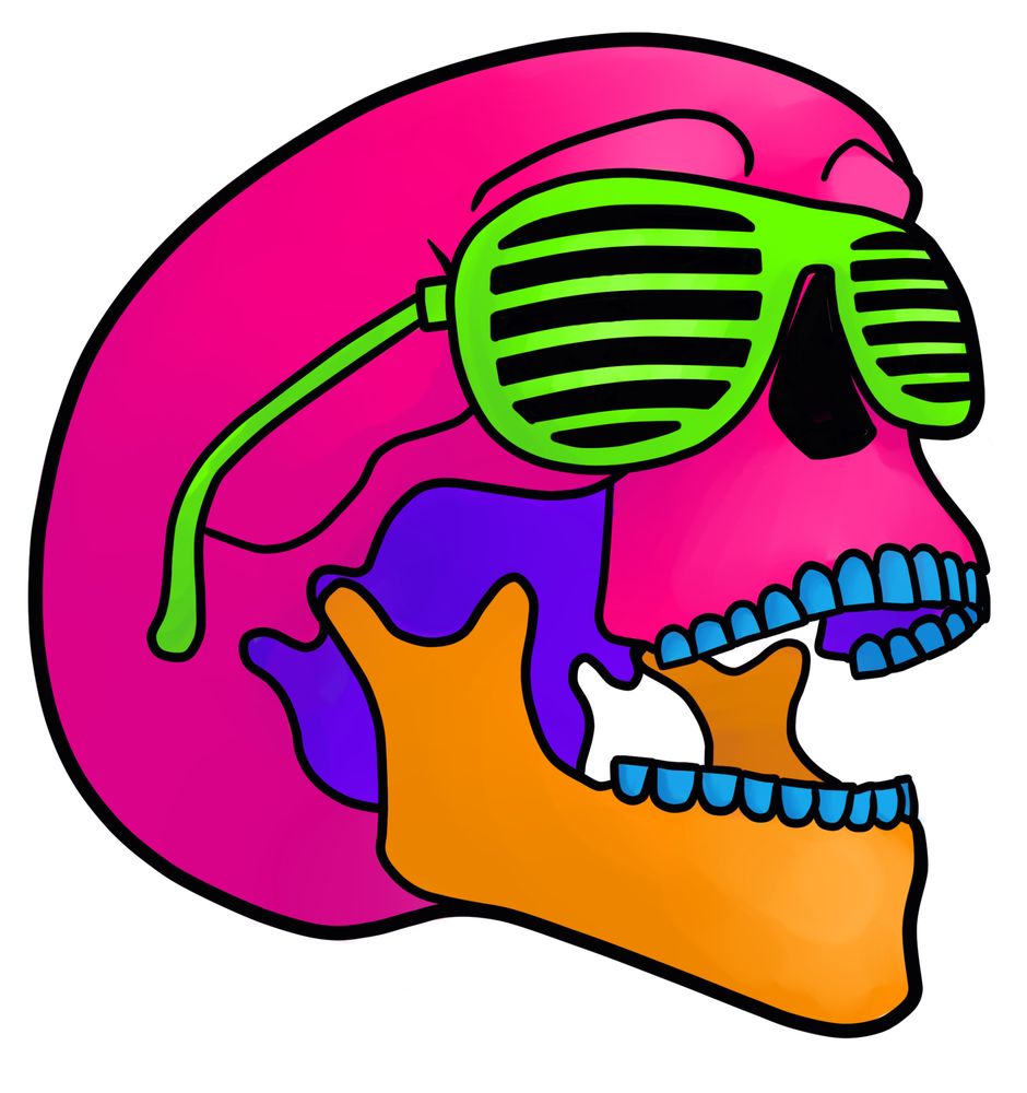 A brightly colored skull wearing shutter shades with its jaw hanging open as if it is laughing
