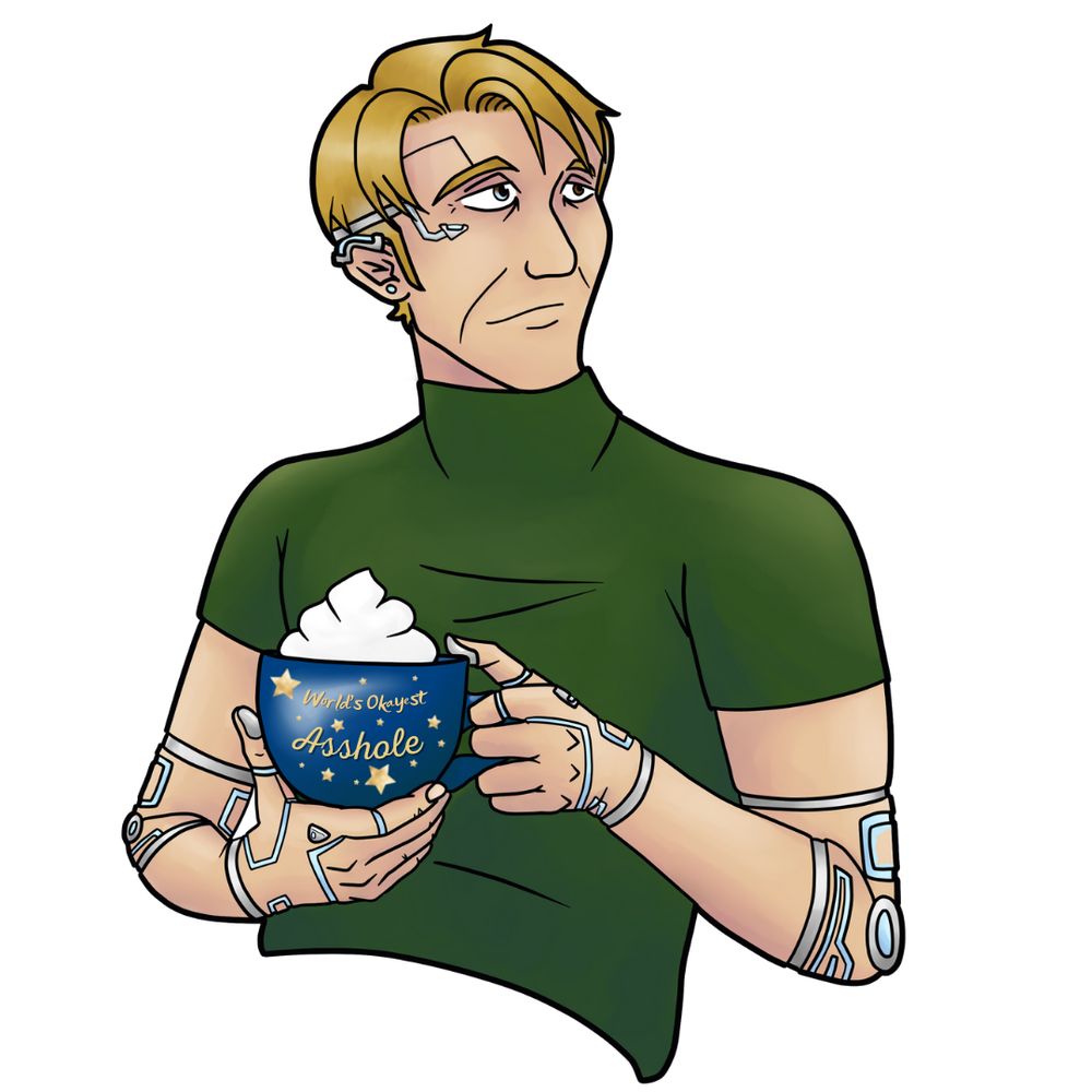 A person dressed in black and blue sitting on a chair patterned like an arcade floor wearing shutter shades and leaning to the side. A person with glow bands around their elbow, wrist, and hand joints holding a large mug that says "World's Okayest Asshole"