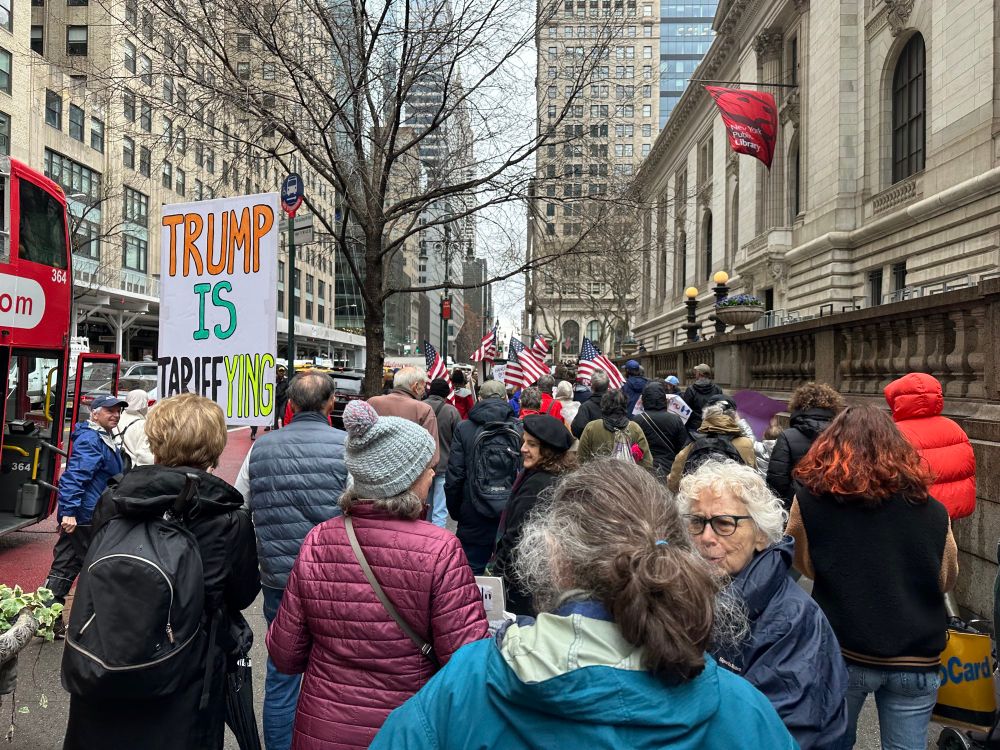 NYC hands-off protest 4/5 - sign: Trump is tarrifying