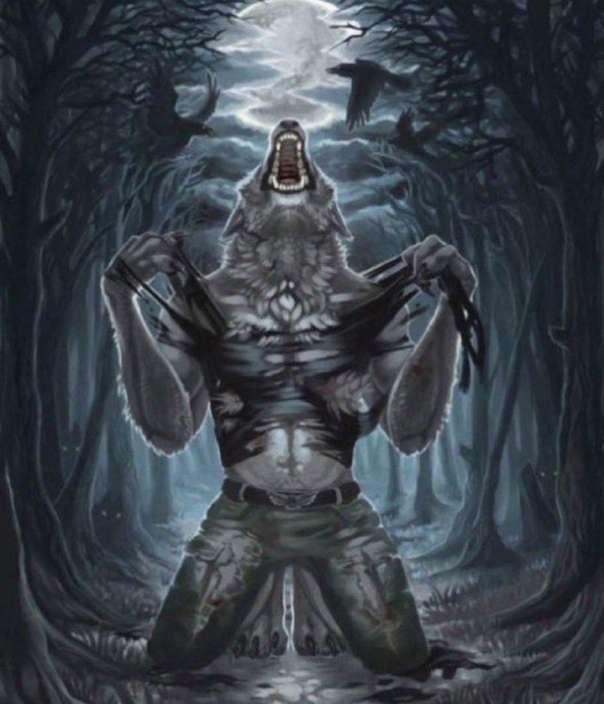 Img of a werewolf kneeling on the ground in a moonlit path in the woods, tearing his shirt open with both hands while screaming upward at the moon above him