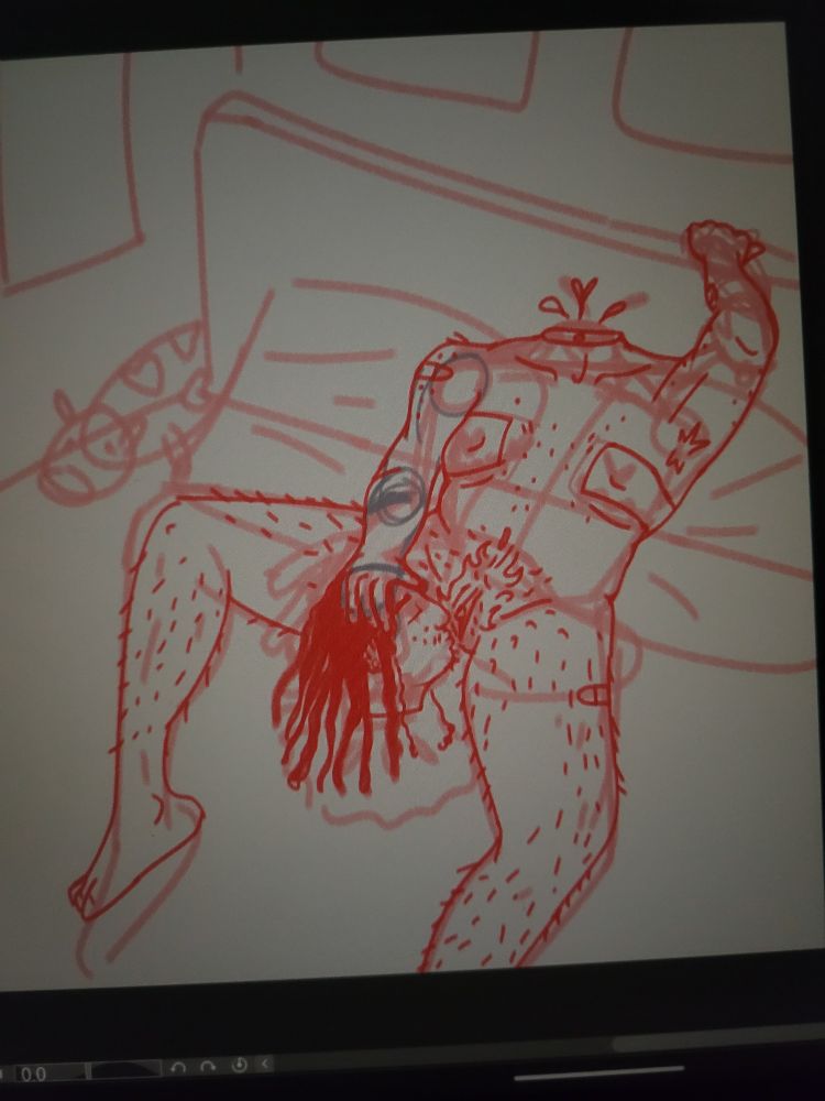 A sketch, drawn in red, of a transmasculine figure laying on their back on a bed and reaching up to hold the headborad with their left hand. Their head is cut off, held in place by the figure's right hand between their thighs. In the background, there's a few posters on the walls, and a medium sized cow plushie.