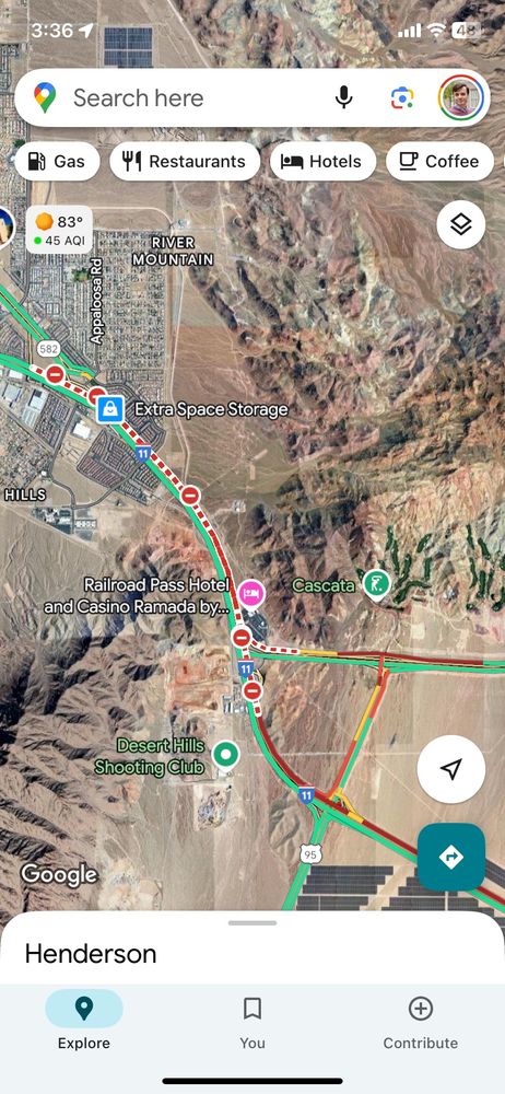 Screen capture of Google Maps showing partial closure of I-11 northbound between Boulder City and Henderson, NV