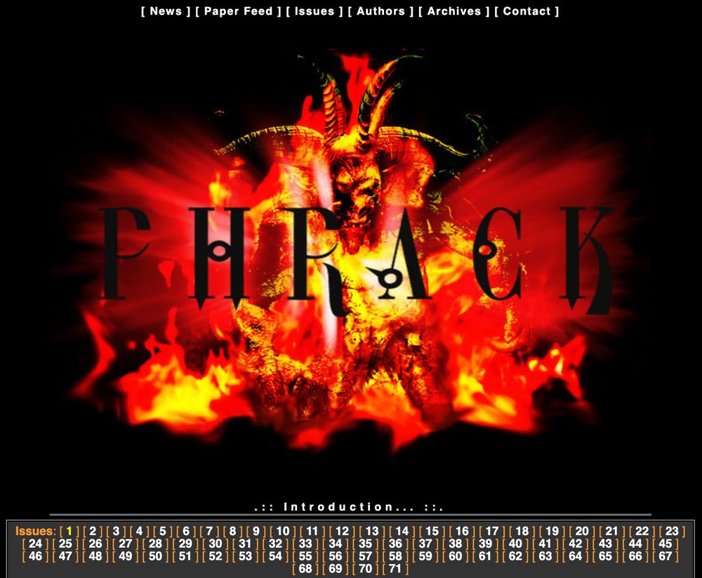 screenshot of phrack.org with all the issues listed