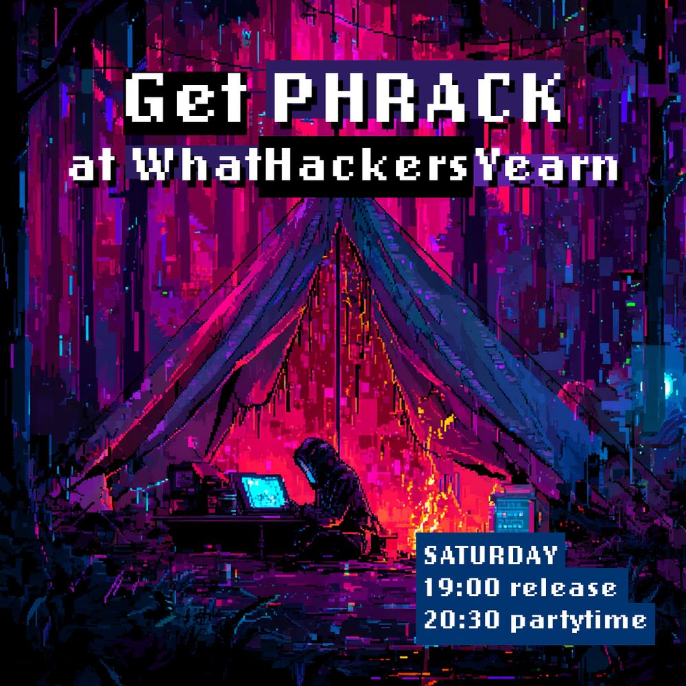 flyer content on a pixely tent in a forest with a hacker in front, pinks and blues and purples. 
