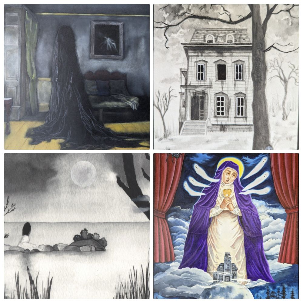 An assortment of 4 different dark artworks: a wraith, a haunted house, an eerie landscape scene, and a stylized saint