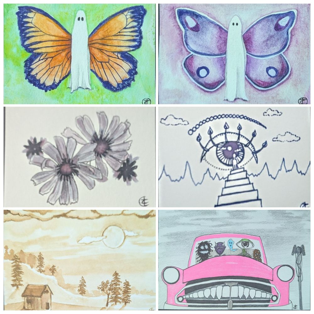 6 different drawings of various things: 2 butterfly ghosts, a flower illustration, a aurreal eye illustration, a landscape, and an illustration of monsters at the drive-in