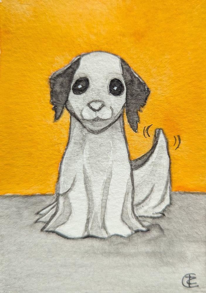An Illustration of a dog in a ghost costume