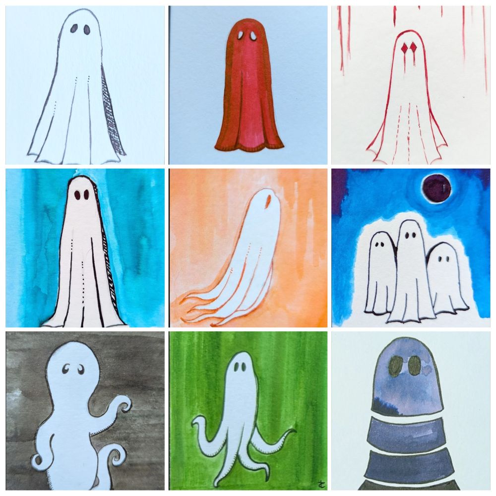 9 different drawings of various ghosts