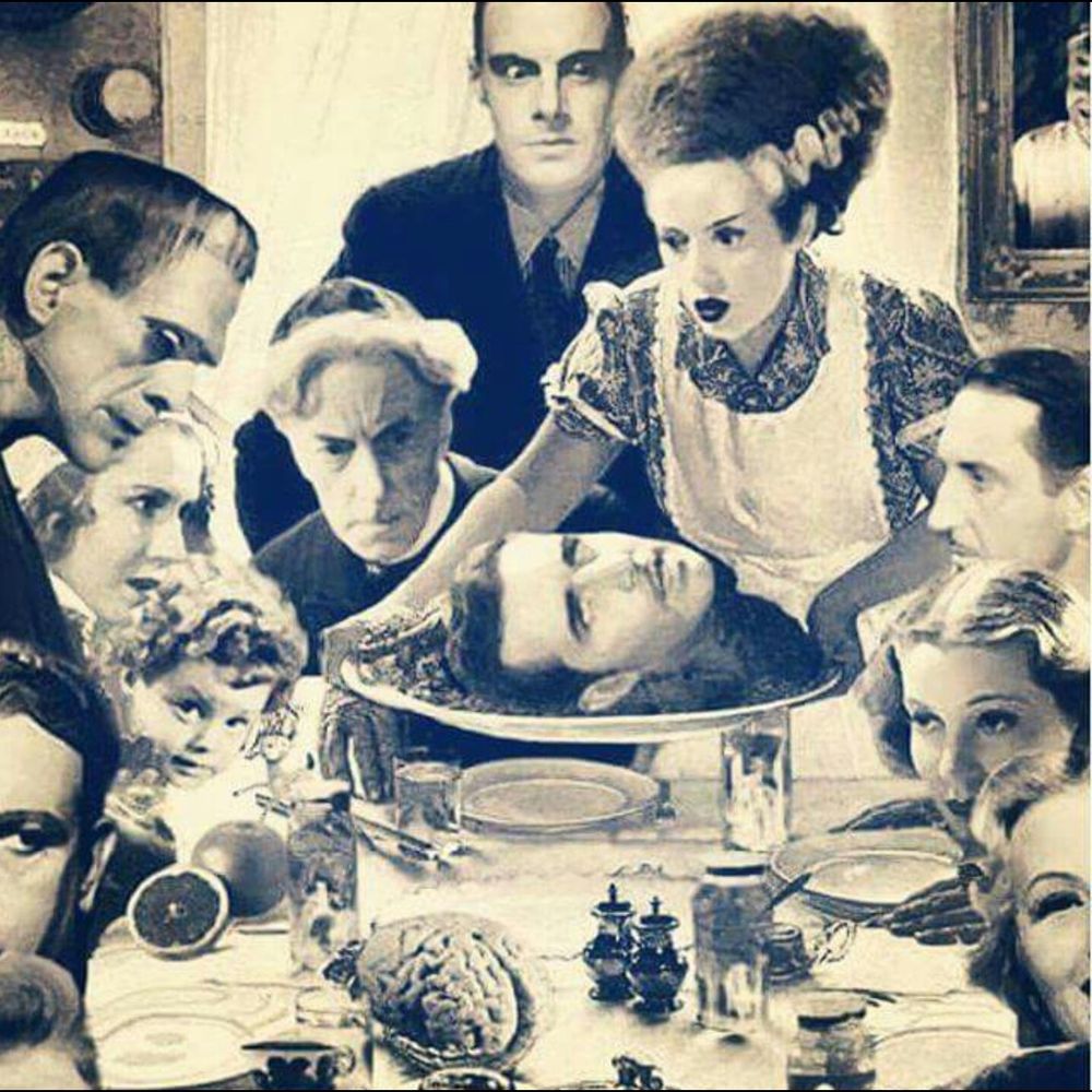 Collage featuring a bunch of old-time Horror and Hollywood faces all around a table where The Bride of Frankenstein is in an apron serving a head on a silver platter