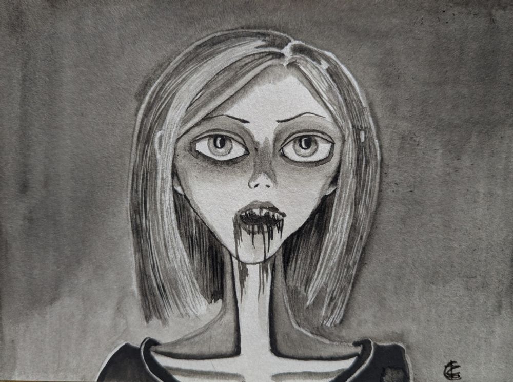 Black and white illustration of a girl with big eyes and her mouth open. Shadows frame her face. Her teeth are covered in blood/black with it dripping out of her mouth and onto her face. She's wearing a black shirt and her collarbone makes the shape of an upside down cross.