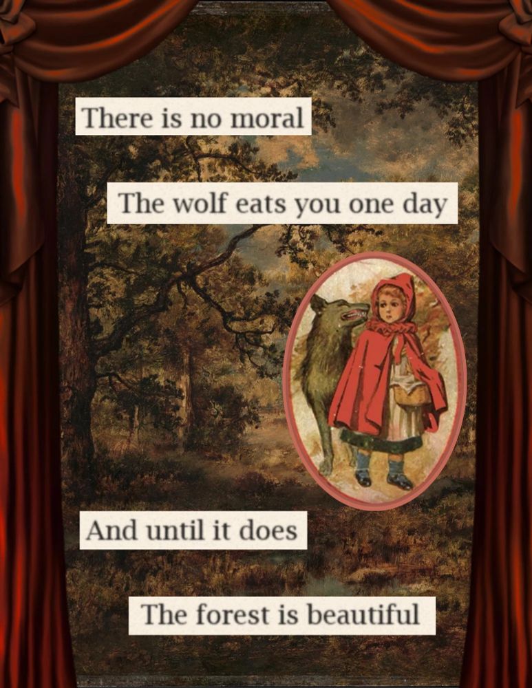 There is no moral
The wolf eats you one day
And until it does
The forest is beautiful
[Collage of a forest with a picture of red riding hood and the wolf in a circled close up]